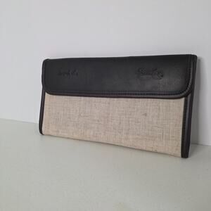 Vintage Sandals Beaches Clutch Handbag Tan Linen Brown Faux Leather Snap Closure